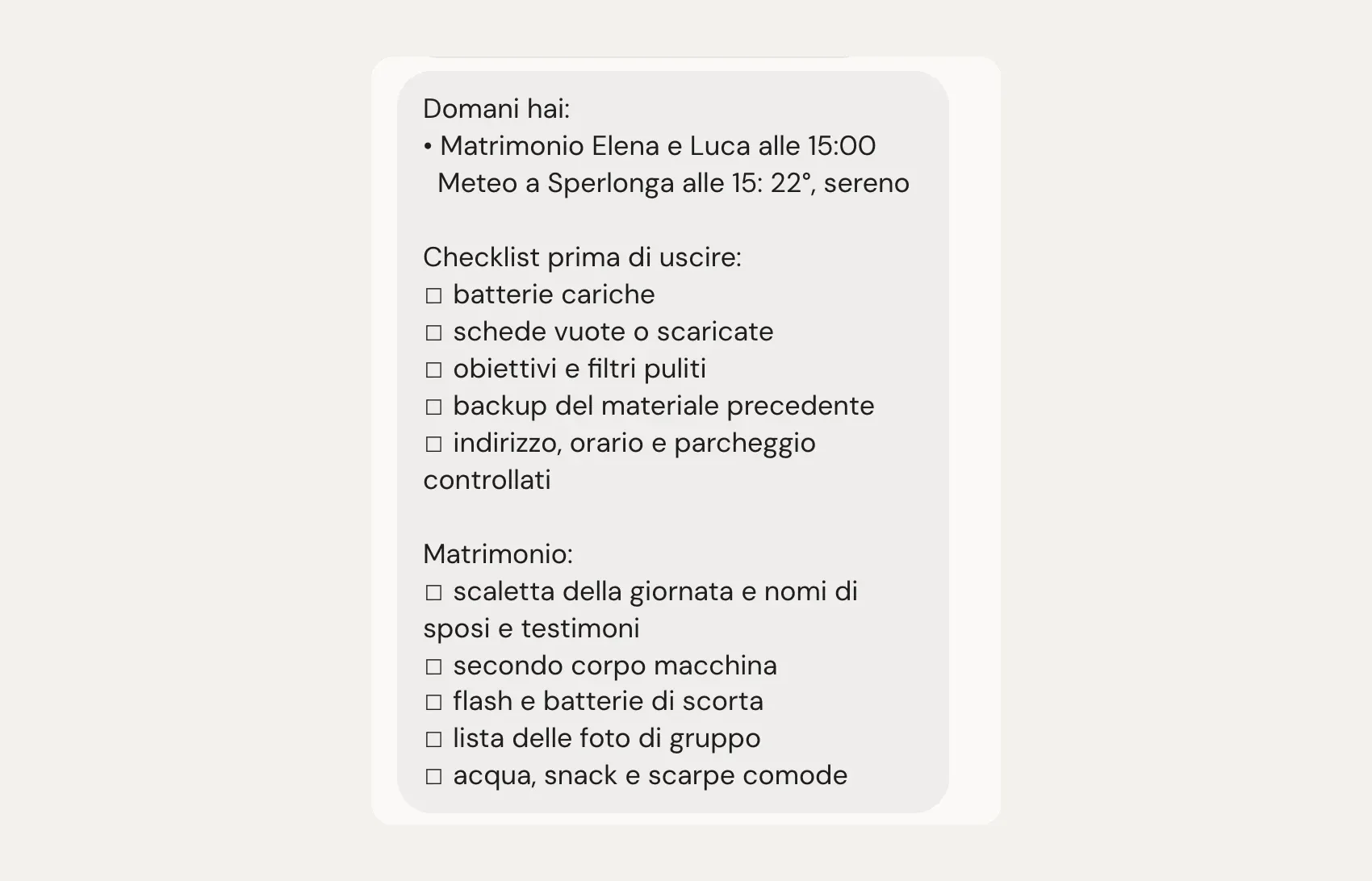 The checklist the night before a wedding, with the weather and the items for that kind of job