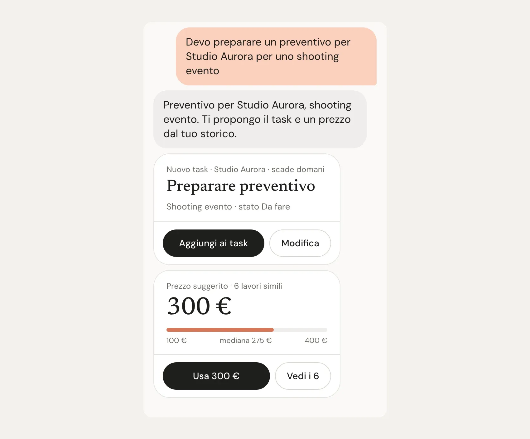 Iris prepares the quote task and suggests a price from similar past jobs