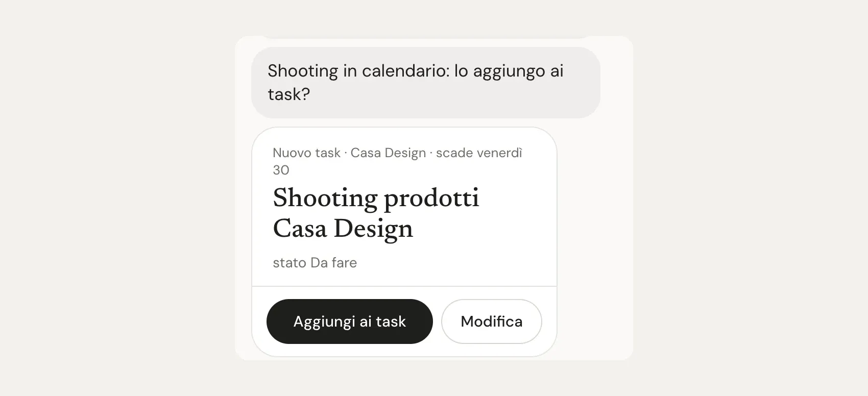 Iris finds a shoot in the calendar without a task and suggests adding it